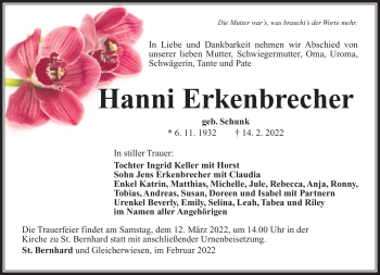 Traueranzeige von Hanni Erkenbrecher von Südthüringer Presse