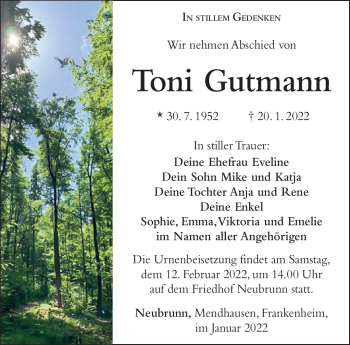 Traueranzeige von Toni Gutmann von Südthüringer Presse