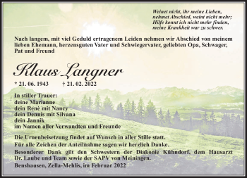 Traueranzeige von Klaus Langner von Südthüringer Presse