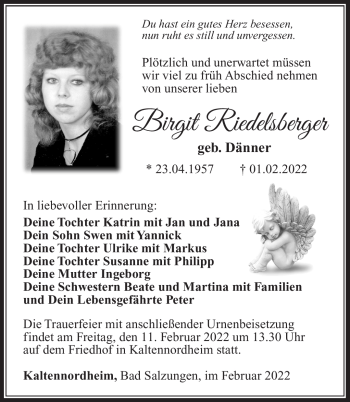 Traueranzeige von Birgit Riedelsberger von Südthüringer Presse