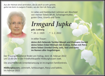 Traueranzeige von Irmgard Jupke von Südthüringer Presse