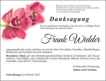 Traueranzeige von Frank Widder von Südthüringer Presse