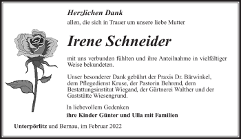 Traueranzeige von Irene Schneider von Südthüringer Presse
