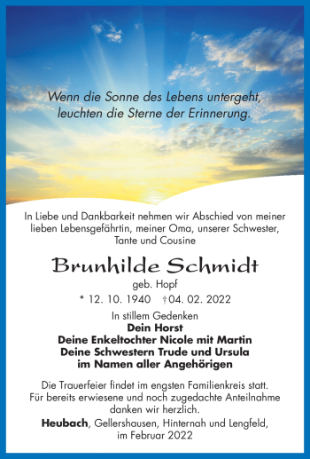 Traueranzeige von Brunhilde Schmidt von Südthüringer Presse