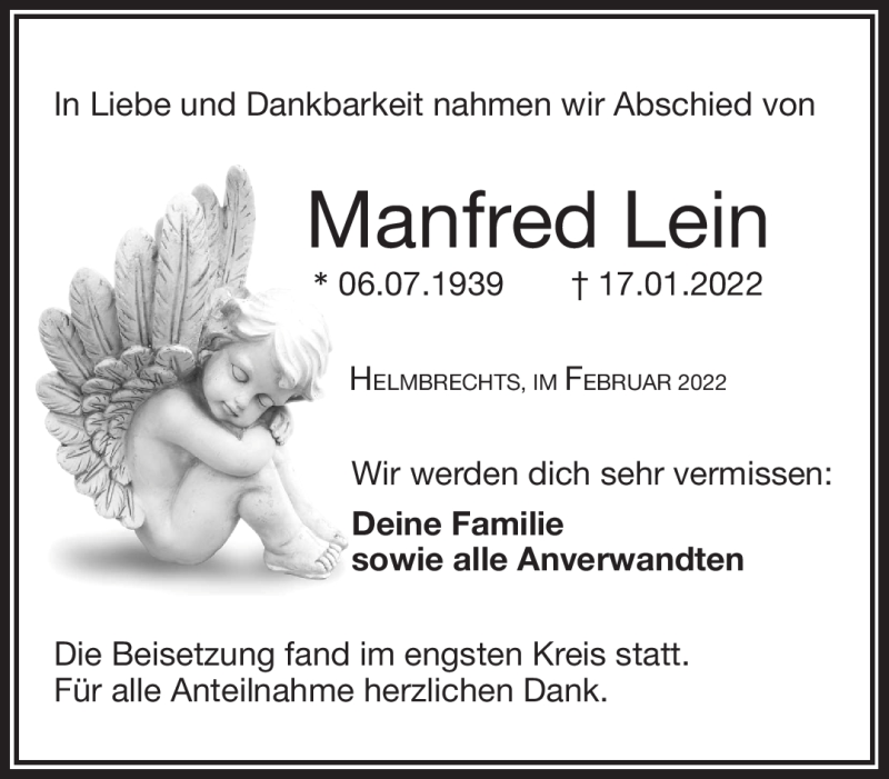  Traueranzeige für Manfred Lein vom 02.02.2022 aus Frankenpost