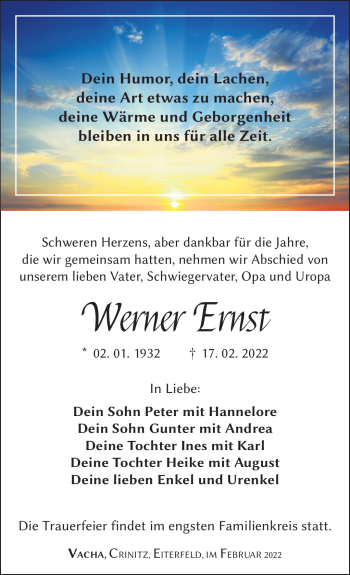 Traueranzeige von Werner Ernst von Südthüringer Presse