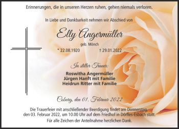Traueranzeige von Elly Angermüller von Neue Presse Coburg