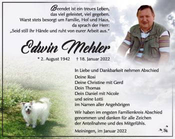 Traueranzeige von Edwin Mehler von Südthüringer Presse