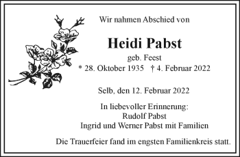 Traueranzeige von Heidi Pabst von Frankenpost