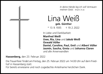 Traueranzeige von Lina Weiß von Neue Presse Coburg