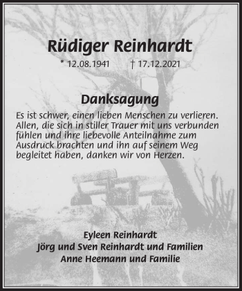 Traueranzeige von Rüdiger Reinhardt von Südthüringer Presse