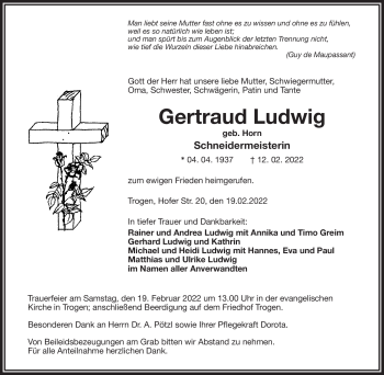 Traueranzeige von Gertraud Ludwig von Frankenpost