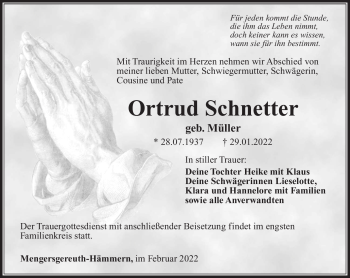 Traueranzeige von Ortrud Schnetter von Südthüringer Presse