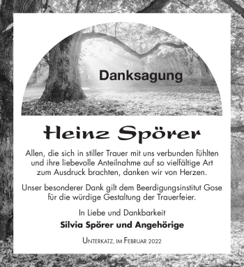 Traueranzeige von Heinz Spörer von Südthüringer Presse