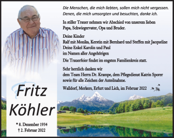 Traueranzeige von Fritz Köhler von Südthüringer Presse