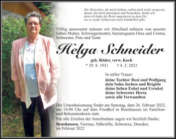 Traueranzeige von Helga Schneider von Südthüringer Presse