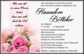 Traueranzeige von Hannelore Böttcher von Südthüringer Presse