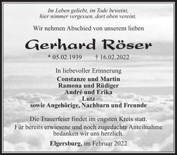 Traueranzeige von Gerhard Röser von Südthüringer Presse