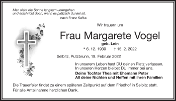 Traueranzeige von Margarete Vogel von Frankenpost