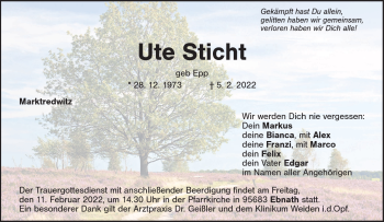 Traueranzeige von Ute Sticht von Frankenpost