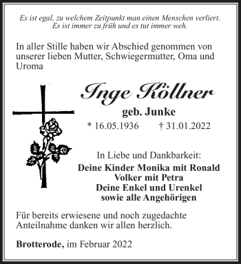 Traueranzeige von Inge Köllner von Südthüringer Presse