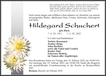 Traueranzeige von Hildegard Schuchert von Südthüringer Presse