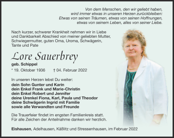 Traueranzeige von Lore Sauerbrey von Südthüringer Presse