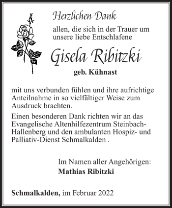 Traueranzeige von Gisela Ribitzki von Südthüringer Presse