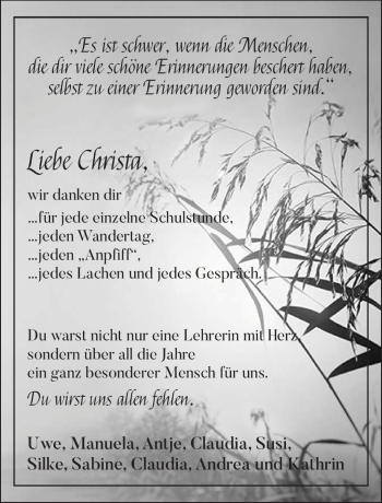 Traueranzeige von Christa Hoffmann von Südthüringer Presse
