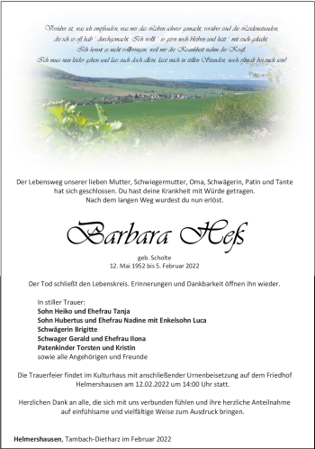 Traueranzeige von Barbara Heß von Südthüringer Presse