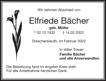 Traueranzeige von Elfriede Bächer von Frankenpost