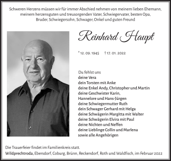 Traueranzeige von Reinhard Haupt von Südthüringer Presse