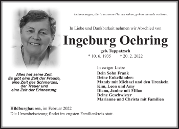 Traueranzeige von Ingeburg Oehring von Neue Presse Coburg