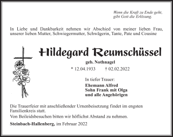 Traueranzeige von Hildegard Reumschüssel von Südthüringer Presse