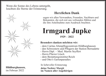 Traueranzeige von Irmgard Jupke von Südthüringer Presse