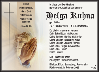 Traueranzeige von Helga Kuhna von Südthüringer Presse