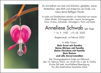 Traueranzeige von Anneliese Schwab von Frankenpost