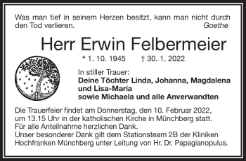 Traueranzeige von Erwin Felbermeier von Frankenpost