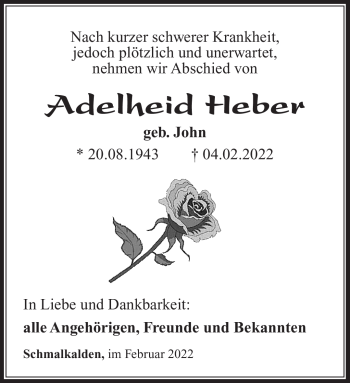 Traueranzeige von Adelheid Heber von Südthüringer Presse