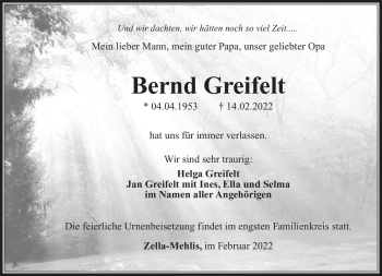 Traueranzeige von Bernd Greifelt von Südthüringer Presse