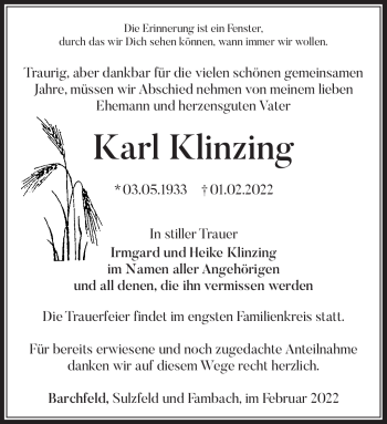 Traueranzeige von Karl Klinzing von Südthüringer Presse