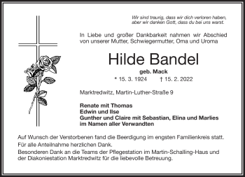 Traueranzeige von Hilde Bandel von Frankenpost