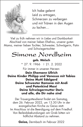 Traueranzeige von Simone Nordheim von Südthüringer Presse