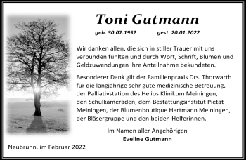 Traueranzeige von Toni Gutmann von Südthüringer Presse