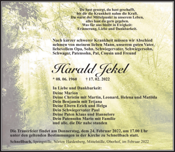 Traueranzeige von Harald Jekel von Südthüringer Presse