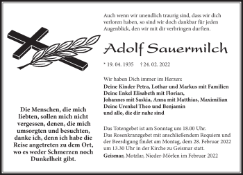 Traueranzeige von Adolf Sauermilch von Südthüringer Presse
