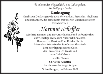 Traueranzeige von Hartmut Scheffler von Südthüringer Presse