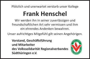 Traueranzeige von Frank Henschel von Südthüringer Presse