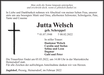 Traueranzeige von Jutta Welsch von Südthüringer Presse