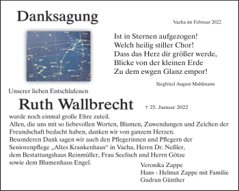 Traueranzeige von Ruth Wallbrecht von Südthüringer Presse